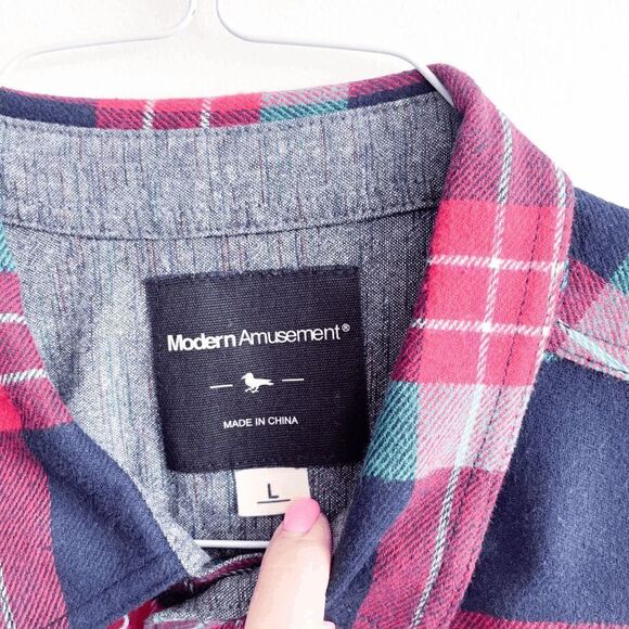 Modern Amusement Mens Shirt Casual Button Front Long Sleeve Plaid Red Large - Picture 3 of 7